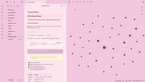 Pink Muted Rose Obsidian theme screenshot