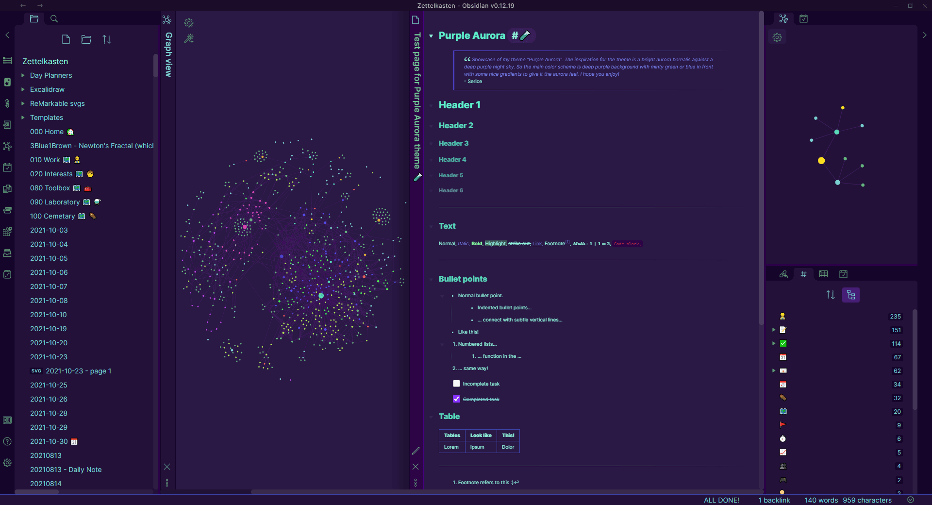 Purple Aurora Obsidian theme screenshot