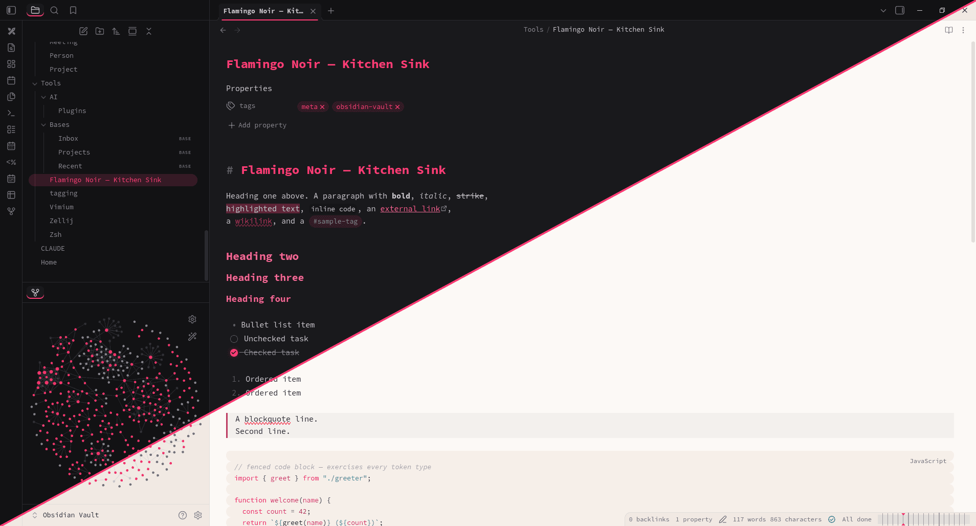 Flamingo Noir Obsidian theme screenshot