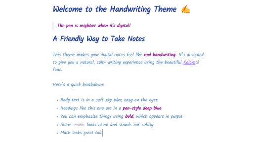 Handwriting (Kalam) Obsidian theme screenshot