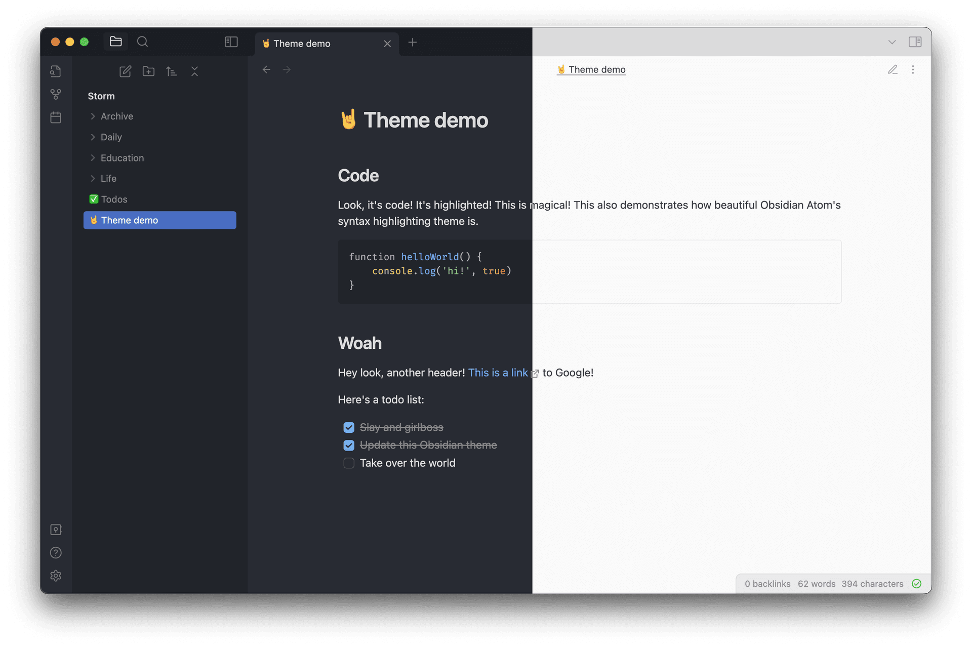 Atom Obsidian theme screenshot