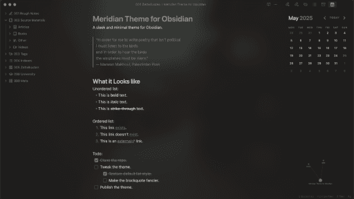 Meridian Obsidian theme screenshot