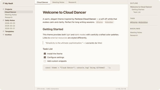Cloud Dancer Obsidian theme screenshot