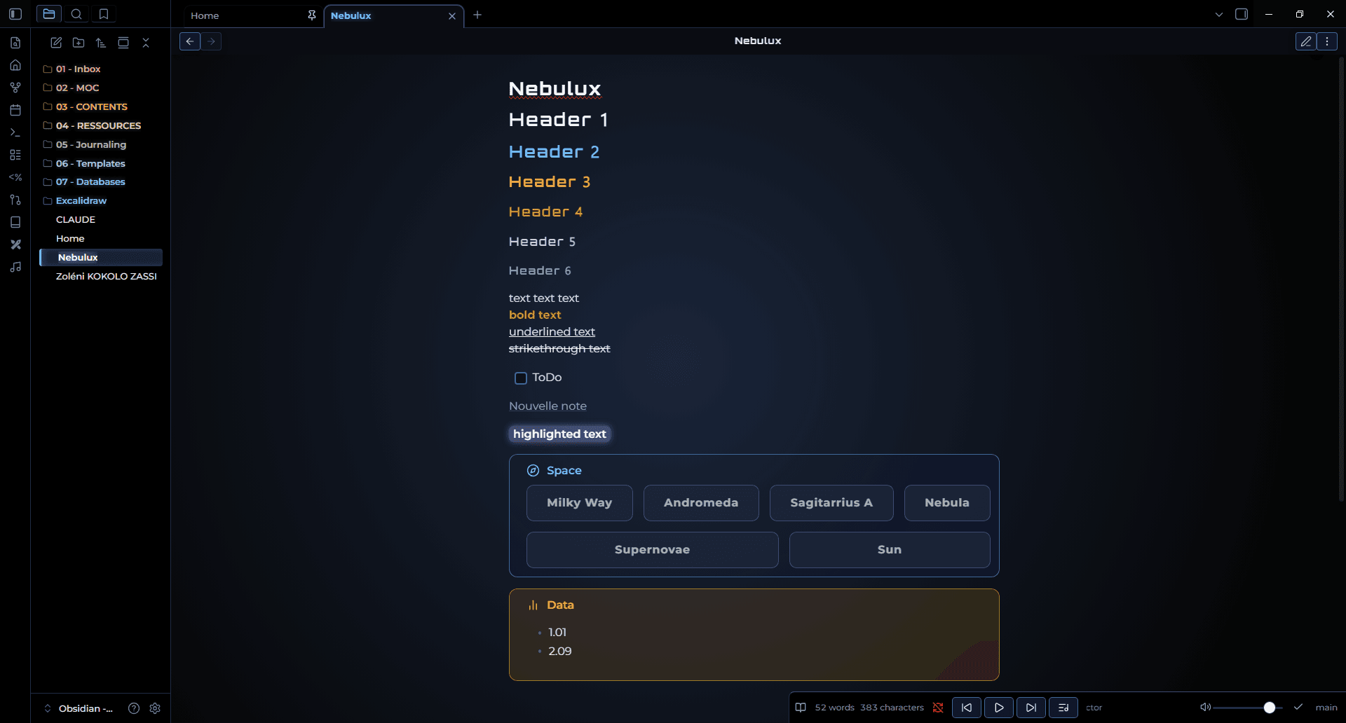 Nebulux Obsidian theme screenshot