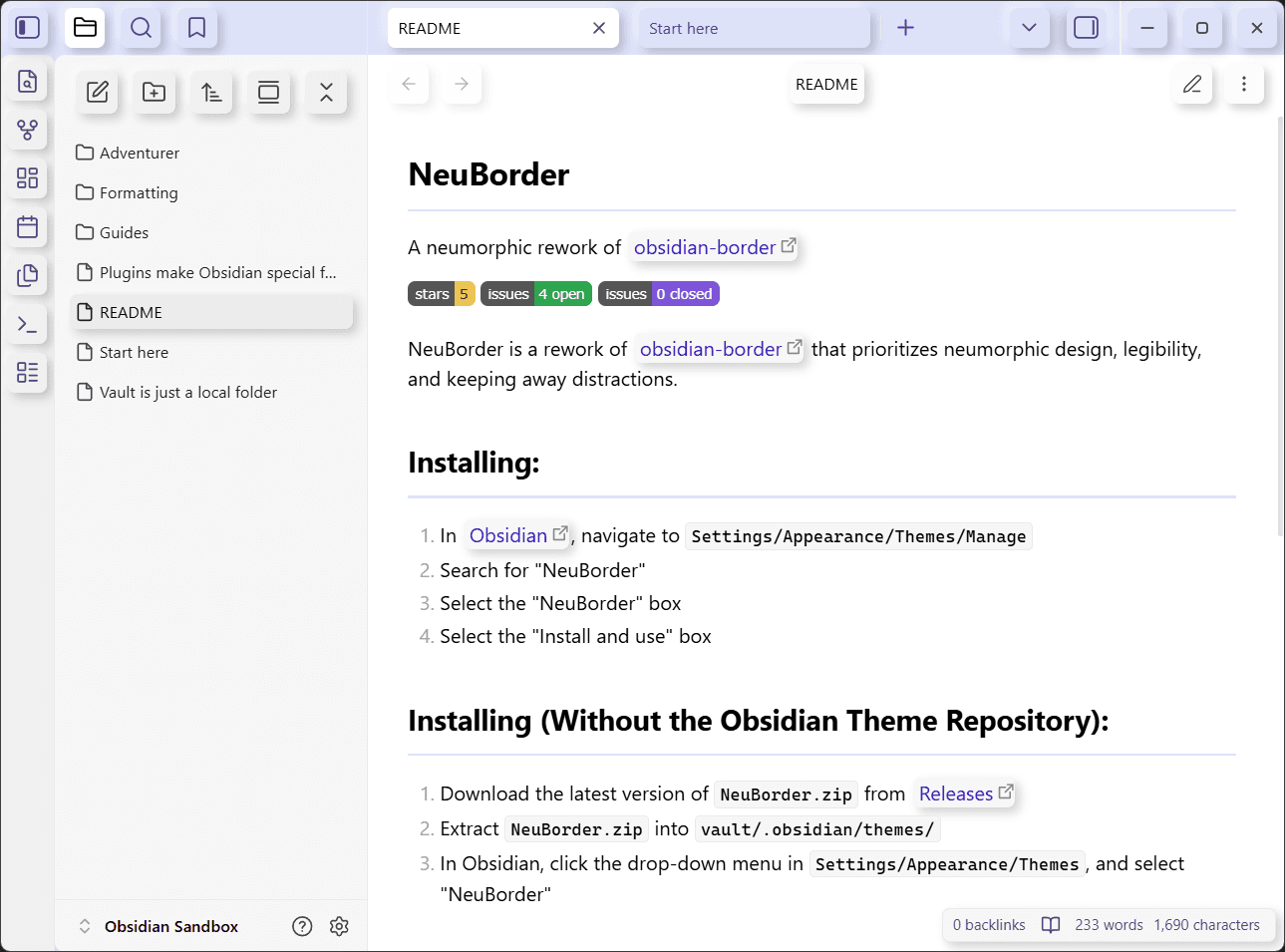 NeuBorder Obsidian theme screenshot